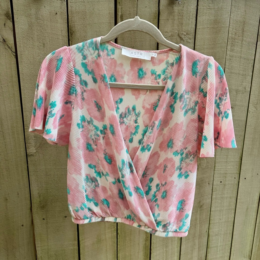 ASTR Pink and Green Floral Wrap Blouse